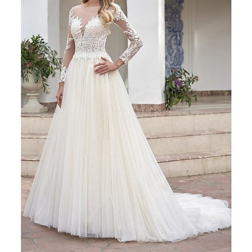 

A-Line Wedding Dresses Jewel Neck Sweep / Brush Train Lace Tulle Long Sleeve Country See-Through Plus Size with Lace Embroidery 2020