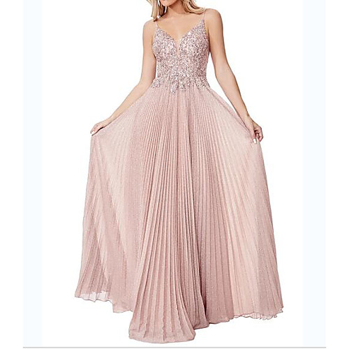 

A-Line Spaghetti Strap Floor Length Polyester Sparkle / Pink Wedding Guest / Engagement Dress with Pleats 2020