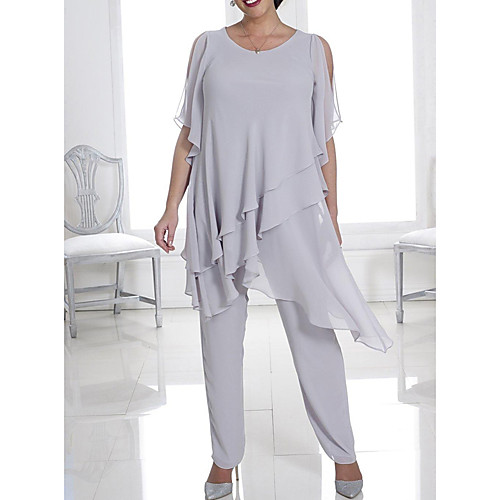 

Pantsuit / Jumpsuit Jewel Neck Floor Length Chiffon Half Sleeve Elegant Mother of the Bride Dress with Cascading Ruffles Mother's Day 2020