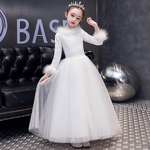 

Ball Gown Floor Length Wedding Flower Girl Dresses - POLY Long Sleeve Jewel Neck with Feathers / Fur / Lace