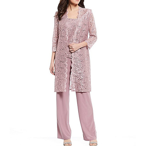 

Pantsuit / Jumpsuit Jewel Neck Floor Length Chiffon / Lace 3/4 Length Sleeve Elegant Mother of the Bride Dress with Lace Mother's Day 2020