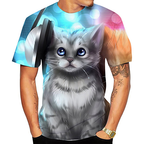 

Men's Plus Size 3D Rainbow Cat Print T-shirt Basic Daily Going out Round Neck Rainbow / Short Sleeve / Animal