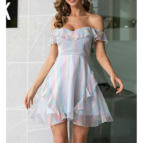 

Women's Silver Dress Elegant Cute Spring & Summer Holiday Weekend A Line Print Off Shoulder Ruffle S M
