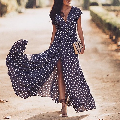 

Women's Navy Blue Dress Basic Spring & Summer Daily Sheath Polka Dot White Blue Patchwork S M