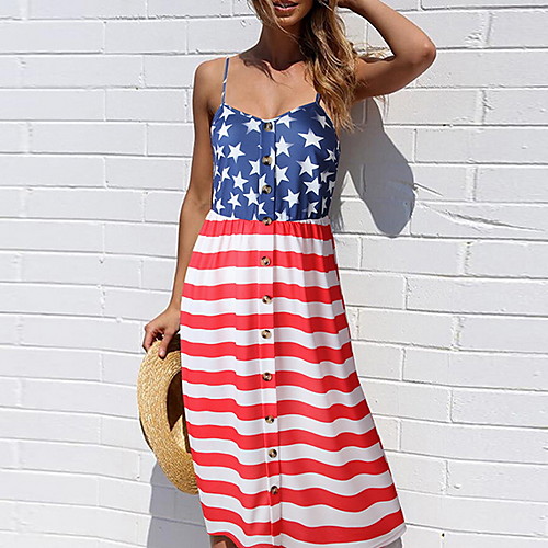 

Women's A Line Dress - Sleeveless Flag Strap Blue S M L XL XXL