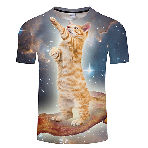 

Men's Daily Going out Exaggerated T-shirt - 3D / Animal Cat, Print Light Blue