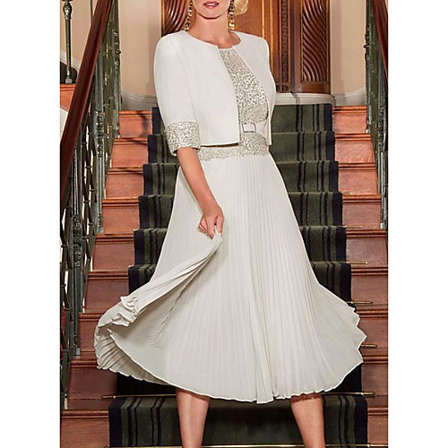 

A-Line Jewel Neck Tea Length Chiffon / Satin Half Sleeve Elegant Mother of the Bride Dress with Pleats / Sequin Mother's Day 2020