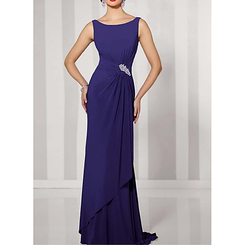 

Sheath / Column Jewel Neck Sweep / Brush Train Chiffon Sleeveless Elegant / Sexy Mother of the Bride Dress with Beading / Draping Mother's Day 2020