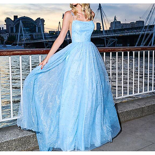 

A-Line Spaghetti Strap Floor Length Polyester Glittering / Blue Party Wear / Prom Dress with Sequin 2020
