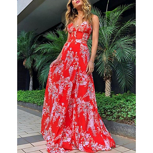 

Women's Red Dress Sheath Print Strap V Neck S M