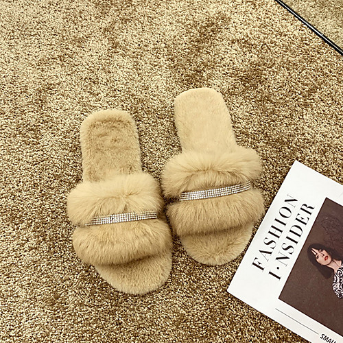 

Women's Slippers & Flip-Flops Flat Heel Round Toe Rabbit Fur Summer Black / White / Green