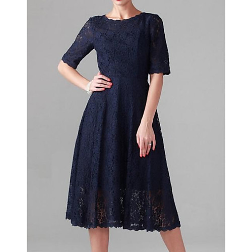 

A-Line Jewel Neck Tea Length Lace / Stretch Satin Half Sleeve Elegant Mother of the Bride Dress with Lace Mother's Day 2020