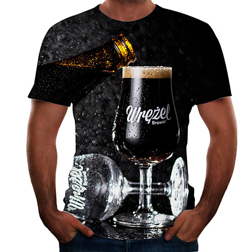

Men's Going out Weekend Basic T-shirt - Color Block / 3D / Beer Black