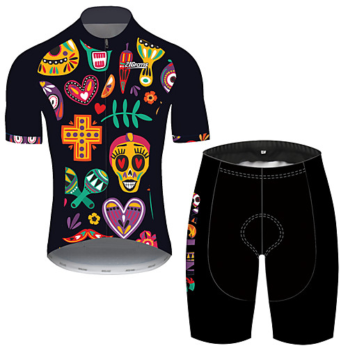 

21Grams Men's Short Sleeve Cycling Jersey with Shorts Black / Yellow Skull Floral Botanical Bike Clothing Suit UV Resistant Breathable Quick Dry Sweat-wicking Sports Skull Mountain Bike MTB Road Bike