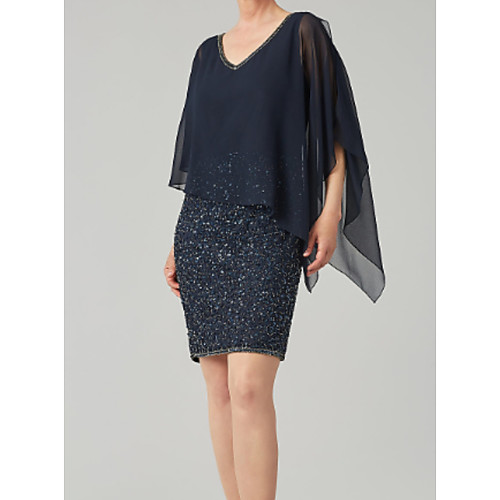 

Sheath / Column V Neck Knee Length Chiffon 3/4 Length Sleeve Sexy Mother of the Bride Dress with Sequin Mother's Day 2020