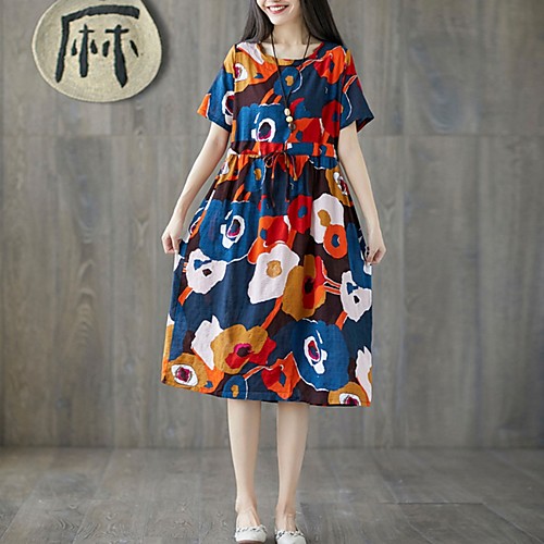 

Women's Loose Dress - Short Sleeves Floral Loose Yellow Orange M L XL XXL