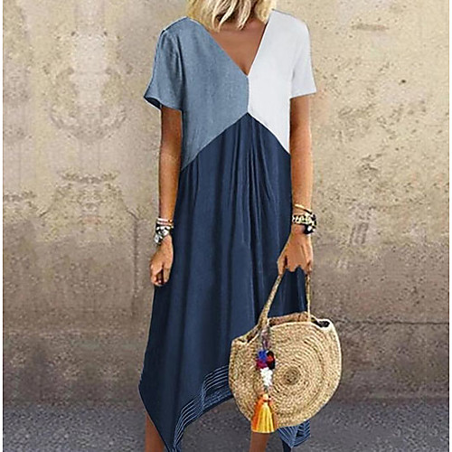 

Women's Plus Size Maxi A Line Dress - Short Sleeve Color Block Color Block Spring & Summer V Neck Casual Vacation 2020 Red Gray Light Blue S M L XL XXL XXXL XXXXL XXXXXL