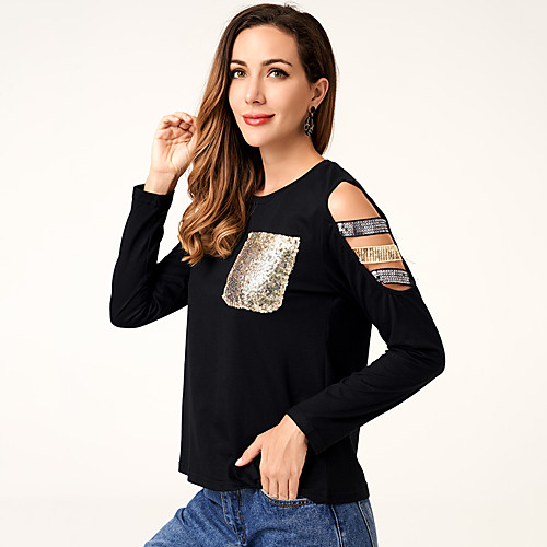 

Women's Daily Work Basic / Vintage Shirt - Color Block Patchwork Black
