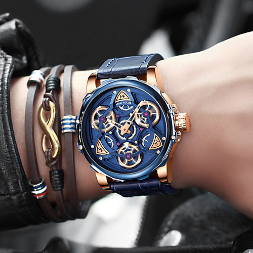 

MINI FOCUS Men's Sport Watch Japanese Quartz Stylish Genuine Leather Blue / Brown 30 m Water Resistant / Waterproof Analog Fashion - BlackGloden Blue Brown One Year Battery Life