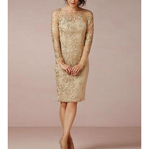 

Sheath / Column Illusion Neck Knee Length Polyester Long Sleeve Elegant / Sexy Mother of the Bride Dress with Appliques Mother's Day 2020