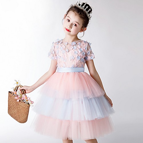 

Ball Gown Knee Length Party / Pageant Flower Girl Dresses - Polyester Short Sleeve Jewel Neck with Tier / Appliques