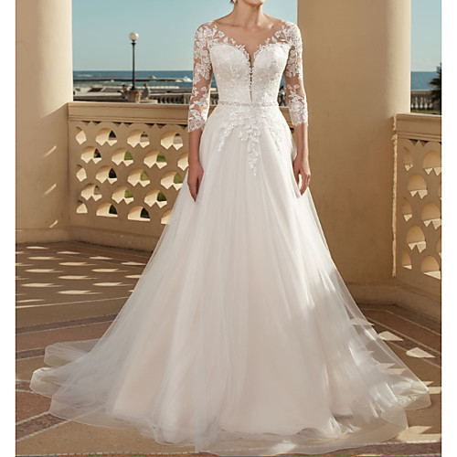 

A-Line V Neck Sweep / Brush Train Lace / Tulle 3/4 Length Sleeve Country Plus Size Wedding Dresses with Lace / Crystals / Appliques 2020