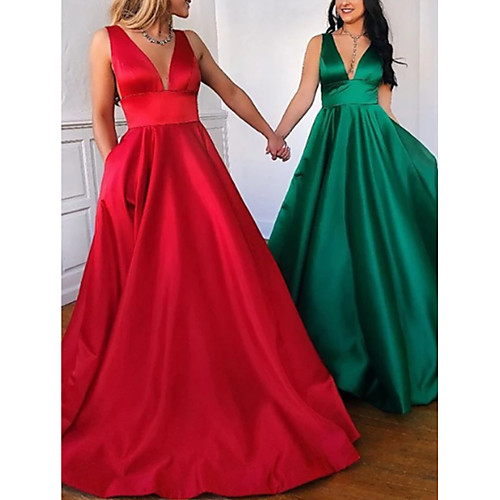 

A-Line Minimalist Red Party Wear Prom Dress V Neck Sleeveless Floor Length Satin with Pleats 2020