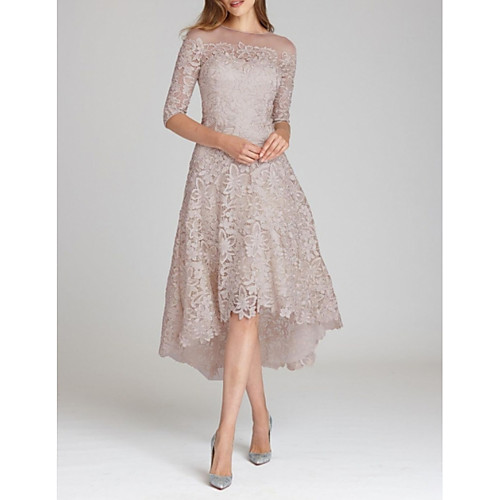 

A-Line Jewel Neck Asymmetrical Lace Half Sleeve Elegant Mother of the Bride Dress with Appliques Mother's Day 2020