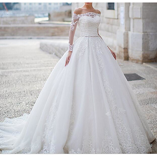 

Ball Gown Wedding Dresses Off Shoulder Sweep / Brush Train Tulle Polyester Long Sleeve Country Plus Size with Lace Embroidery 2020