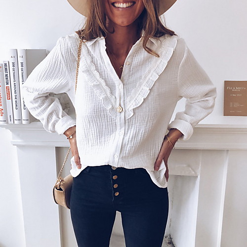 

Women's Solid Colored Ruffle Patchwork Shirt Daily V Neck White