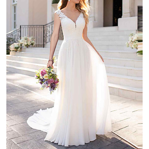 

A-Line V Neck Chapel Train Chiffon Sleeveless Country Plus Size Wedding Dresses with Appliques 2020