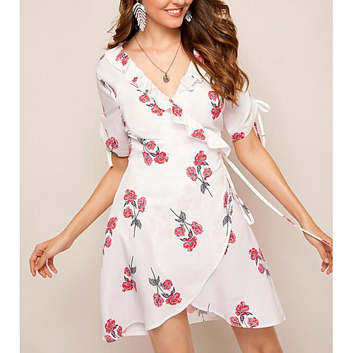 

Women's Chiffon Dress - Short Sleeves Floral Lace up Spring & Summer V Neck Basic Daily White S M L XL