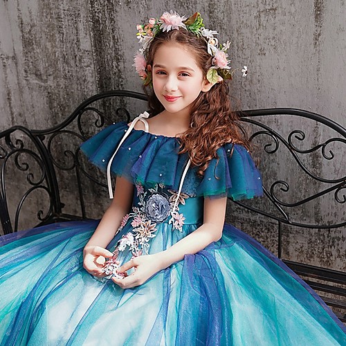 

Ball Gown Floor Length Party / Pageant Flower Girl Dresses - Polyester Short Sleeve Spaghetti Strap with Appliques