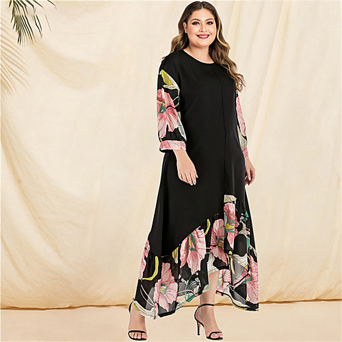 

Women's Black Dress Casual Boho Spring & Summer Daily Beach A Line Loose Floral Solid Color Flare Cuff Sleeve Ruffle Patchwork Print L XL