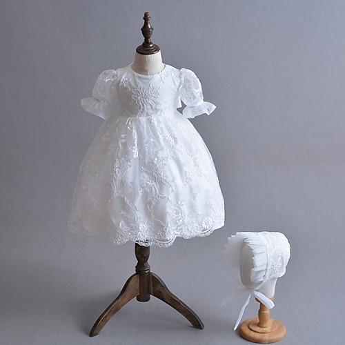 

A-Line Floor Length First Communion Christening Gowns - Polyester Long Sleeve Jewel Neck with Lace / Bow(s)