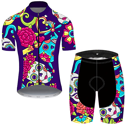 

21Grams Men's Short Sleeve Cycling Jersey with Shorts Violet Skull Floral Botanical Bike Clothing Suit UV Resistant Breathable Quick Dry Sweat-wicking Sports Skull Mountain Bike MTB Road Bike Cycling