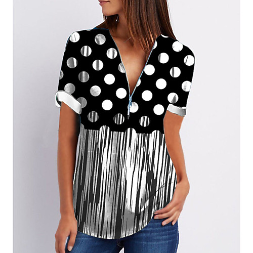 

Women's Daily T-shirt - Polka Dot Patchwork / Print V Neck Black