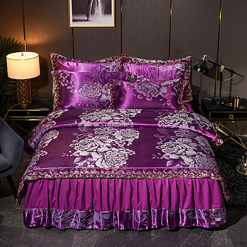 

Tencel Modal Satin Jacquard Bedspread 4 Piece Lace Wedding European Bed Skirt Bedding Set
