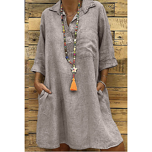 

Women's Mini Shirt Dress - 3/4 Length Sleeve Solid Color Summer V Neck Holiday Home Loose Black Blushing Pink Khaki Green Gray S M L XL XXL XXXL XXXXL XXXXXL