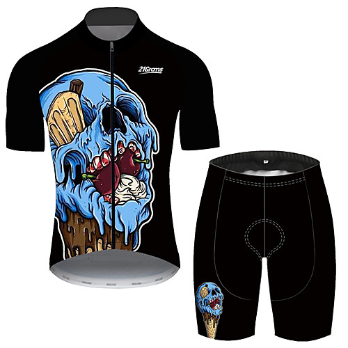 

21Grams Men's Short Sleeve Cycling Jersey with Shorts Black / Blue Skull Bike UV Resistant Quick Dry Sports Patterned Mountain Bike MTB Road Bike Cycling Clothing Apparel / Stretchy