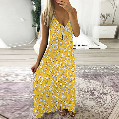 

Women's Maxi Black White Blue Loose Dress - Sleeveless Floral Spring & Summer V Neck Basic Daily Belt Not Included Black Yellow Green S M L XL XXL