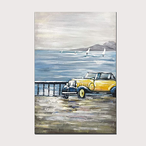 

100% Hand Painted Classic Yellow Vintage Car Modern Abstract Vertical Oil Paintings for Home Decor with Wood Inside Framed Ready to Hang
