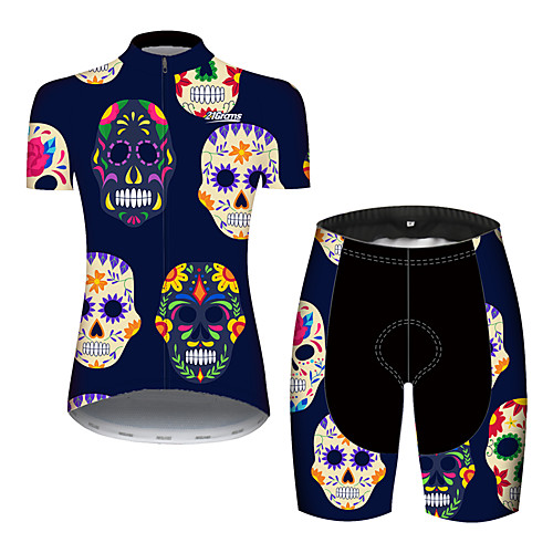 

21Grams Women's Short Sleeve Cycling Jersey with Shorts Blue Skull Floral Botanical Bike Clothing Suit Breathable Quick Dry Ultraviolet Resistant Sweat-wicking Sports Skull Mountain Bike MTB Road