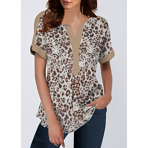 

Women's Party / Evening Daily Date Party / Work / Casual Blouse - Leopard Split V Neck Beige / Summer