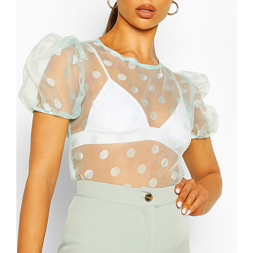 

Women's Daily Basic Blouse - Polka Dot / Solid Colored Mesh Green