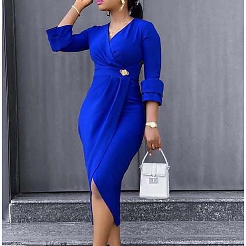 

Women's Asymmetrical Sheath Dress - 3/4 Length Sleeve Solid Color Summer V Neck Formal 2020 Royal Blue M L XL XXL