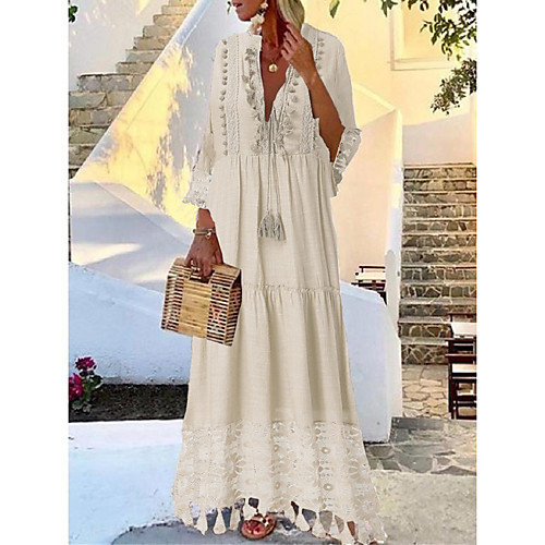 

Women's Boho / Beach Maxi Yellow Blushing Pink Dress Casual Boho Holiday Vacation Beach Swing Paisley Solid Colored Deep V Lace S M Loose / Belt Not Included