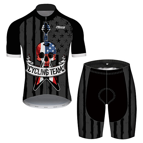 

21Grams Men's Short Sleeve Cycling Jersey with Shorts Black / White Skull American / USA National Flag Bike Clothing Suit UV Resistant Breathable Quick Dry Sweat-wicking Sports Skull Mountain Bike