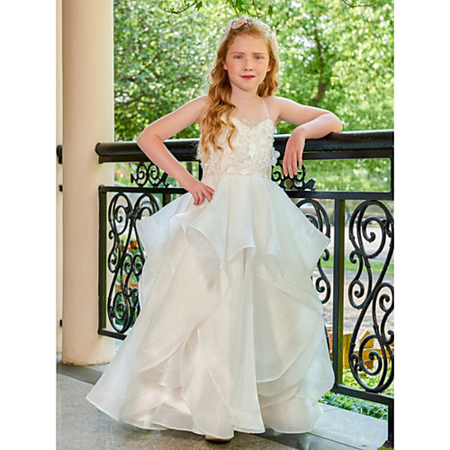 

A-Line Floor Length Wedding Flower Girl Dresses - Tulle Sleeveless Spaghetti Strap with Tier / Solid