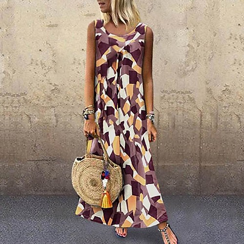 

Women's Maxi Shift Dress - Sleeveless Geometric Yellow Brown S M L XL XXL XXXL XXXXL XXXXXL